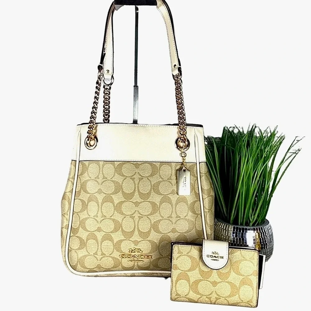 Coach Cammie Chain Bucket Signature‎ Khaki Chalk Shoulder Bag Wallet Set Purse - Picture 4 of 15